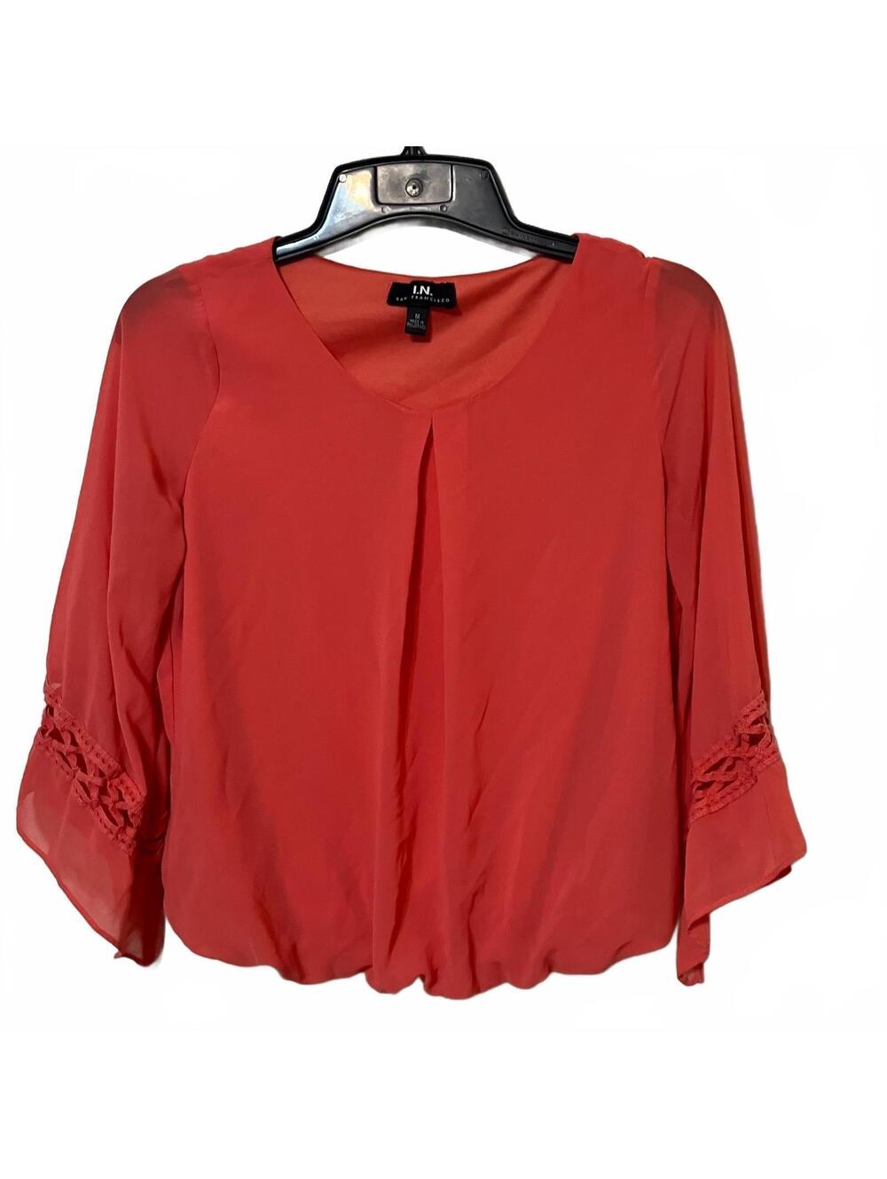 I.N. San Francisco Whimsical Feminine  Coral Orange Blouse Crochet Detail Medium
